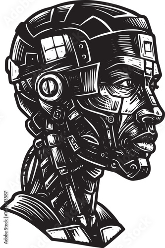 Monochrome woodcut illustration of a futuristic cyborg head agai