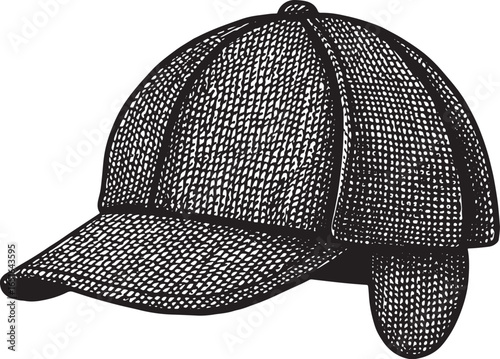 Detailed Deerstalker Hat Illustration in Black and White Woodcut