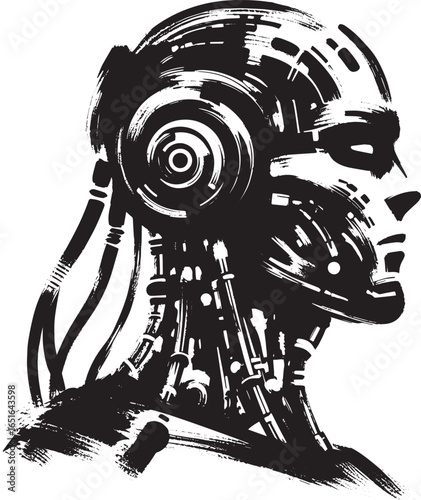 Abstract monochrome brushwork representation of a cyborg head pr