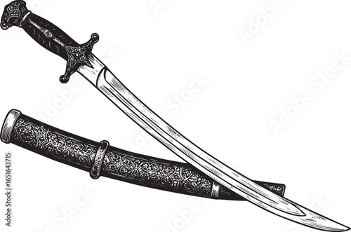 Ornamental Shamshir Sword and Sheath: Detailed Black and White E