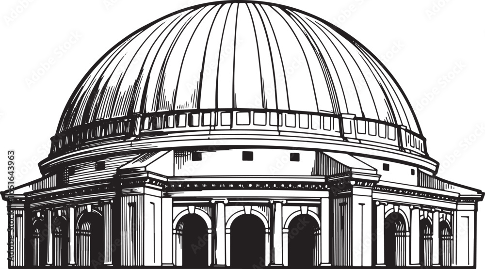 Fototapeta premium Monochrome Dome Architecture: A Detailed Woodcut-Style Illustrat