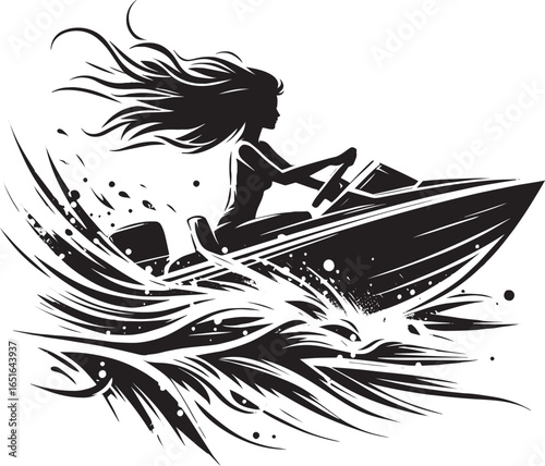 Stylized monochrome illustration of a woman speedboating on chop