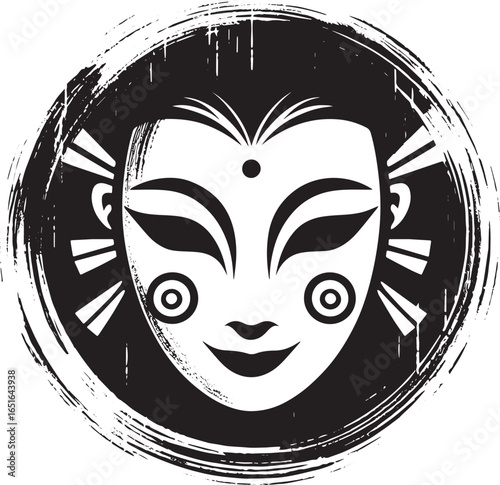 Stylized cultural mask in sumi-e style with brush stroke circle