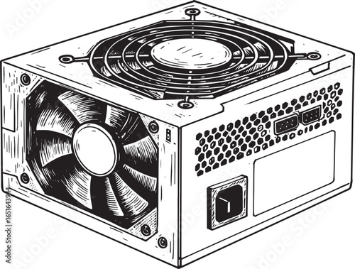 Hand-Drawn Power Supply Unit Depicting Computer Hardware Compone