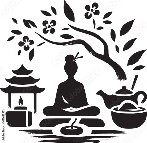 Sumi-e depiction of a tranquil scene, wellness and meditation co