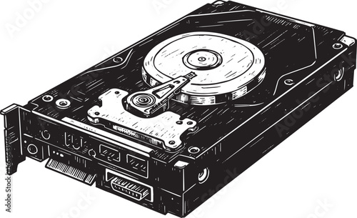 Detailed Black and White Woodcut Illustration of Internal Hard D