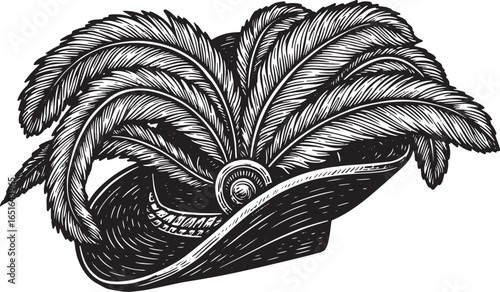 Elegant feathered hat illustration in vintage woodcut style, iso