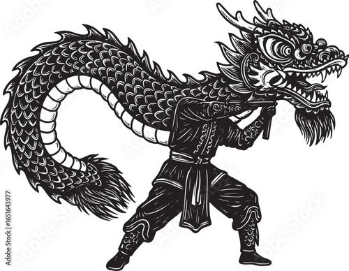 Dramatic Woodcut Illustration: Dragon Dance Performance in Black