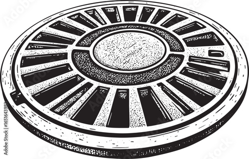 Intricate Black and White Woodcut Manhole Cover Depicting Urban
