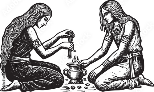 Enigmatic scene of two women participating in a ancient ritual w