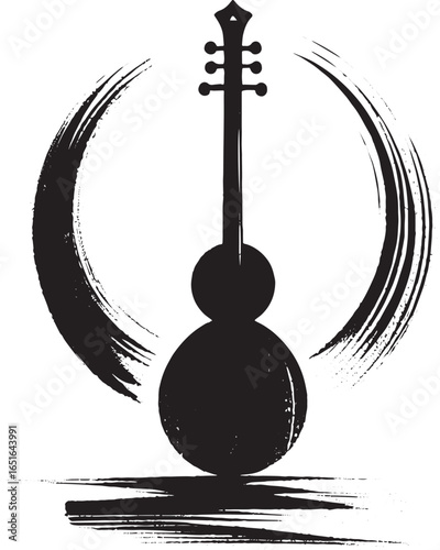 Minimalist brushstroke depiction of a stringed instrument, sumi-