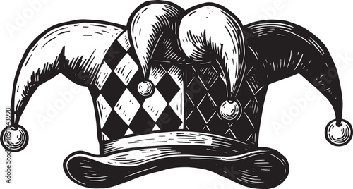 Intricate Harlequin Hat Woodcut Style Illustration Isolated on W