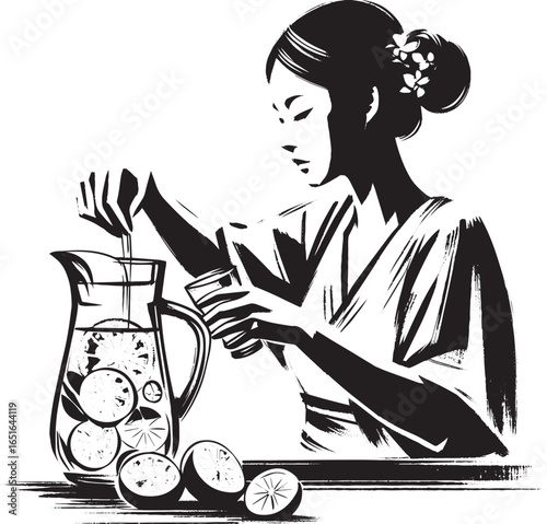 Elegant depiction of a woman infusing water with citrus using su