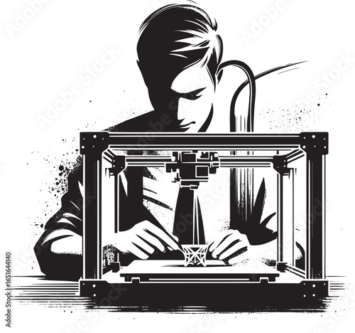 Sumi-e style illustration depicting a man carefully working on a