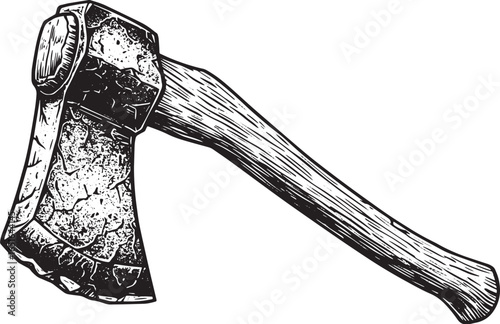 Monochrome woodcut illustration of a vintage axe on a seamless w