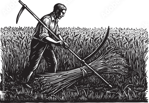 Monochrome Woodcut Depiction of a Farmer Harvesting Wheat with a
