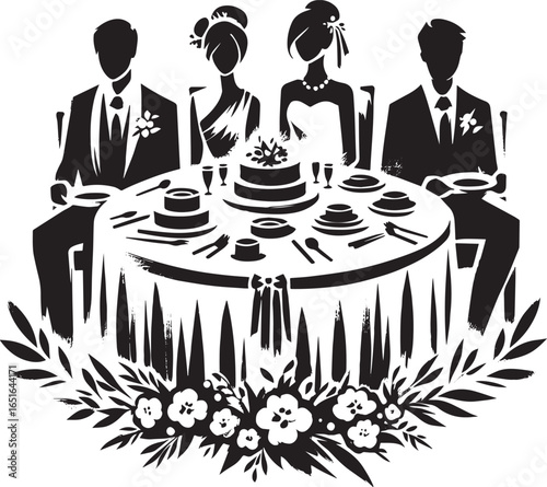 Elegant wedding reception with bridal table artwork in monochrom