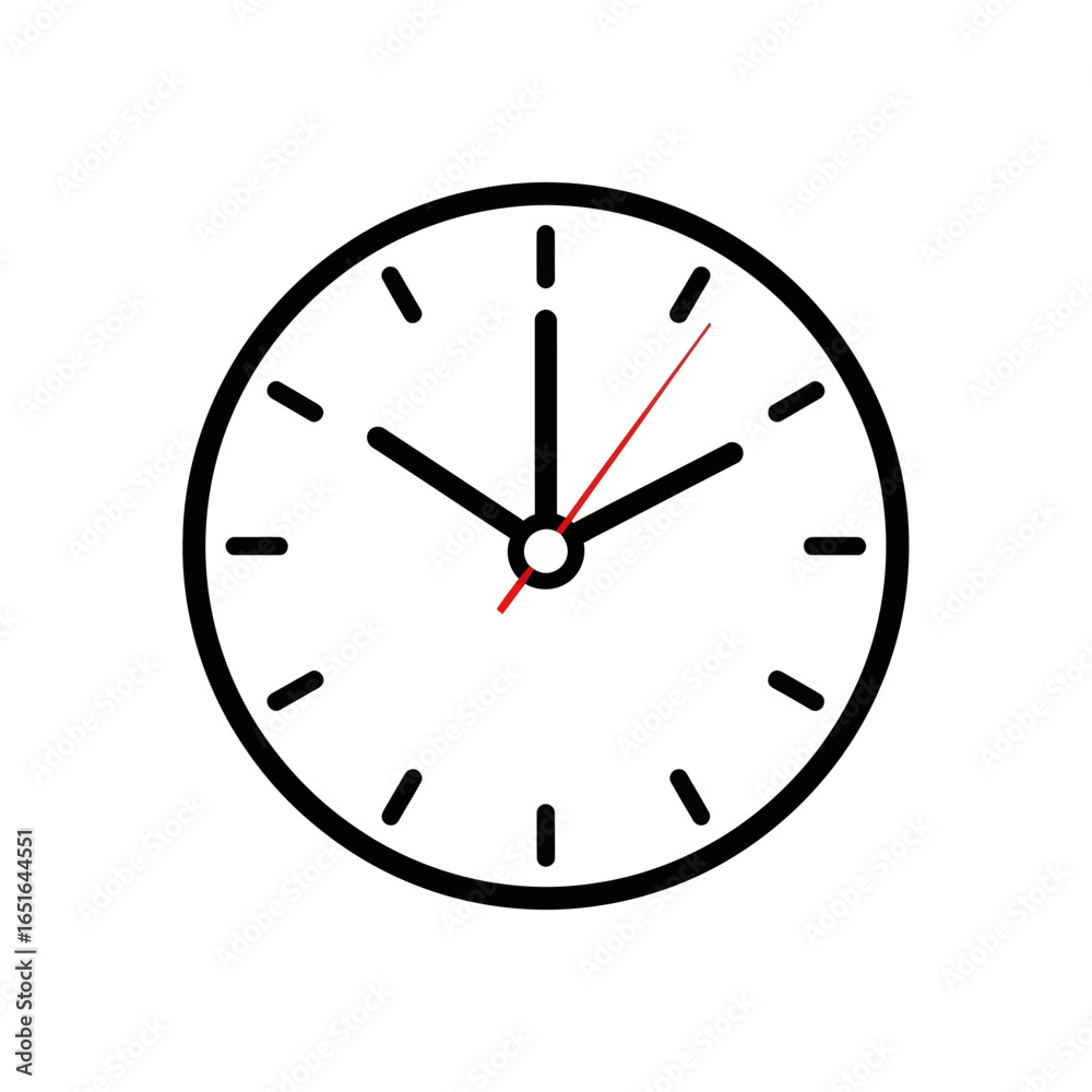 Simple black and white analog clock showing the time. Simple black and white analog clock showing the time.