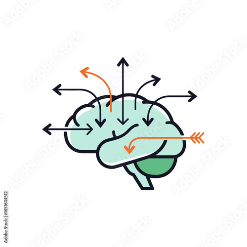 A conceptual illustration of a brain processing information with input and output arrows.