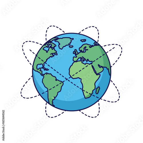 Cartoon illustration of the Earth globe surrounded by dotted orbital paths, showcasing continents and oceans.