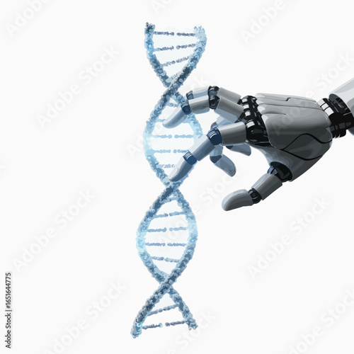 Robotic hand interacting with a glowing double helix DNA strand, symbolizing genetic engineering and advanced science.