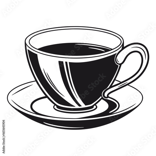 Black and white illustration of a coffee cup and saucer with dark liquid drink beverage