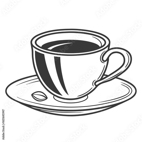 Black and white illustration of a coffee cup and saucer with a single coffee bean vector