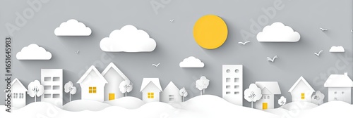 Papercraft cityscape with white houses, trees, clouds, and a yellow sun against a grey background