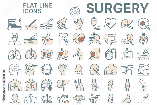 Surgical icons set, flat line vector illustrations, healthcare symbols, medical surgery procedure, hospital tools, doctor tools surgical healthcare lineart