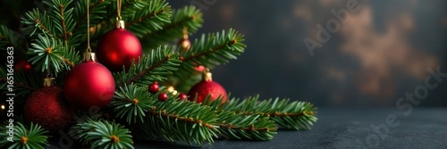 Elegant pine boughs, matte red ornaments, subtle sparkle, nature, christmas background, christmas