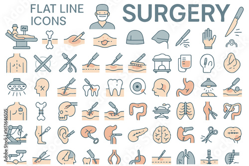 Collection of surgery icons, medical line art, doctor and surgical equipment, health and wellness, hospital symbols surgical healthcare lineart