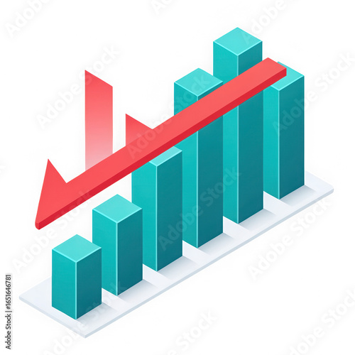 Free Download 3D isometric bar graph with downward trend isolated on transparent background. Financial decline concept with red arrow. Modern data visualization in teal. - GFXLoad
