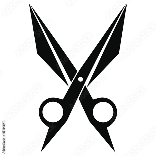 Black Icon of Crossed Sharp Scissors with Open Blades on White Background symbol cutting
