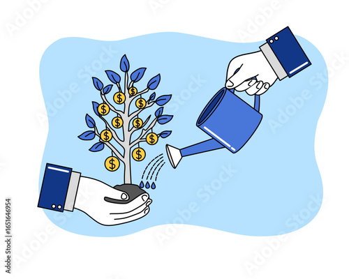 Teamwork planting and watering a growing tree symbolizing success and financial growth, flat vector illustration.