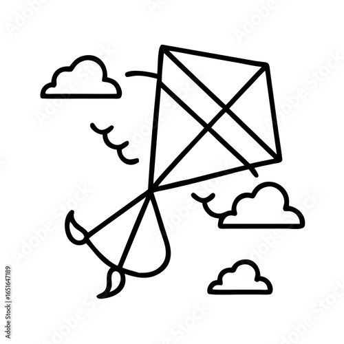 A Simple Kite's Journey: A line art depiction of a kite ready to soar, evoking a sense of joy, freedom, and whimsical adventures.