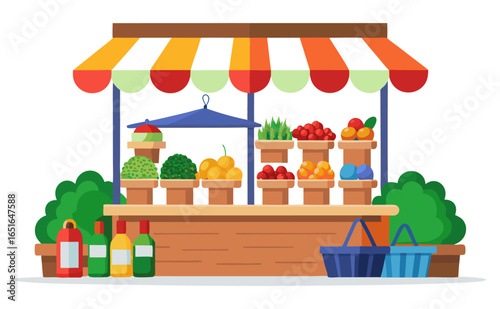 A cartoon illustration of a fruit and vegetable stand with a striped awning, displaying various fresh produce in containers. Bottles and baskets are placed in front.