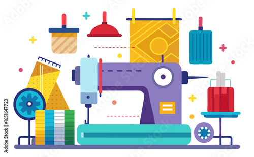 A vibrant cartoon illustration showcases sewing equipment: a purple and teal machine, spools of thread, fabric swatches, and various tailoring tools, suggesting a creative sewing or tailoring theme.