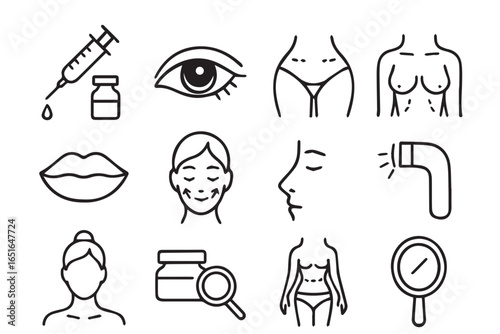 Feminine beauty icons collection, facial treatment, lip enhancement, skincare, injectables, beauty therapy symbols beauty skincare lineart