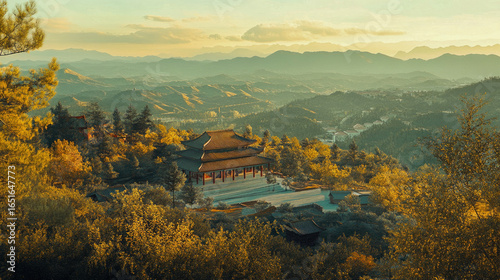 A tranquil view of the Shaolin Temple nestled in a serene landscape