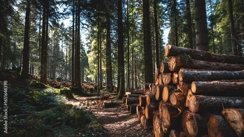 Pile of freshly cut logs in a sun-drenched forest clearing, representing logging industry, deforestation, forestry management, nature, timber and wood resources