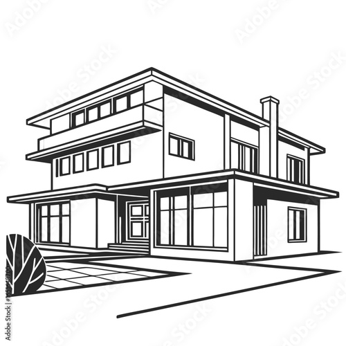 Modern house with balcony and chimney on a white background home architecture
