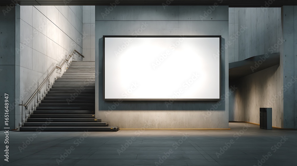 Fototapeta premium Minimalist modern interior with staircase, blank canvas on the wall, and soft lighting, representing architecture, design, art gallery, contemporary space, and creative potential
