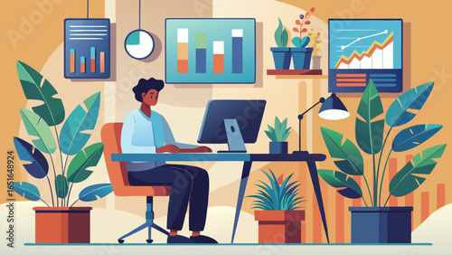 Person working at a desk with charts and plants around