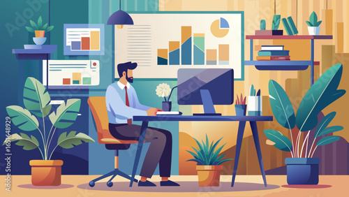 Man working at computer in a modern office setting