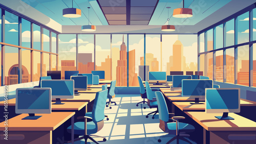 Empty office space with city view and modern computers