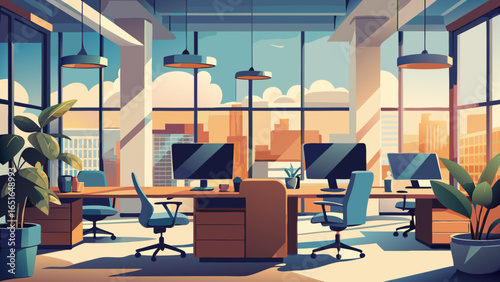Illustration of a modern office space with city view