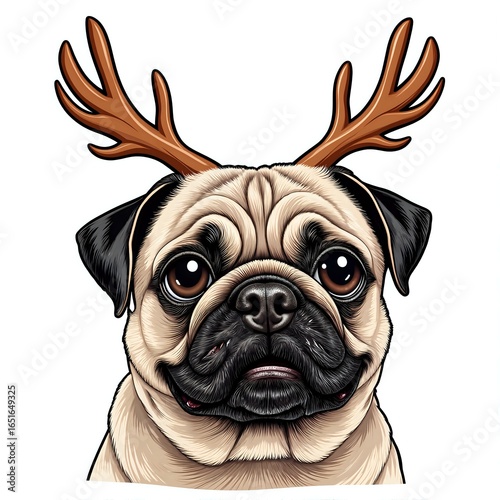 Cheerful pug with antlers bringing holiday joy