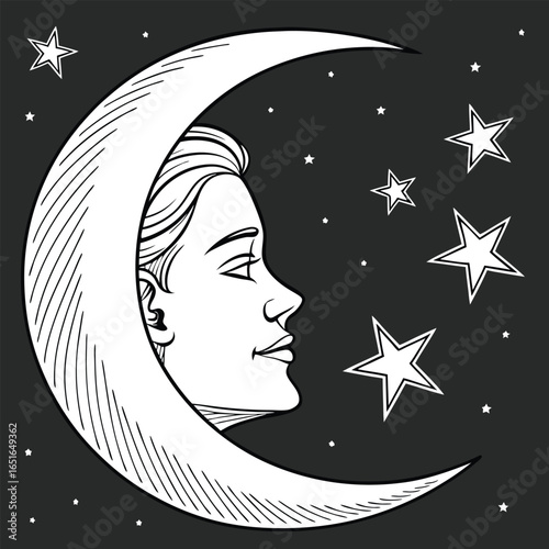 Crescent moon with a human face and stars on a dark background profile