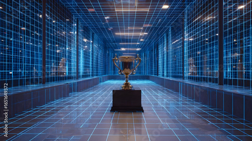 Golden Trophy in a Futuristic Blue Digital Corridor