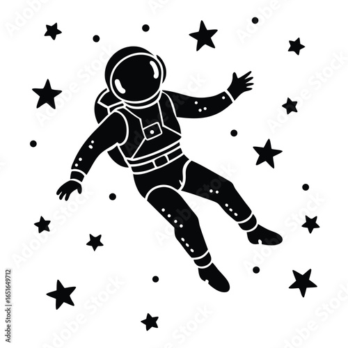 Black silhouette of an astronaut floating among stars and dots space